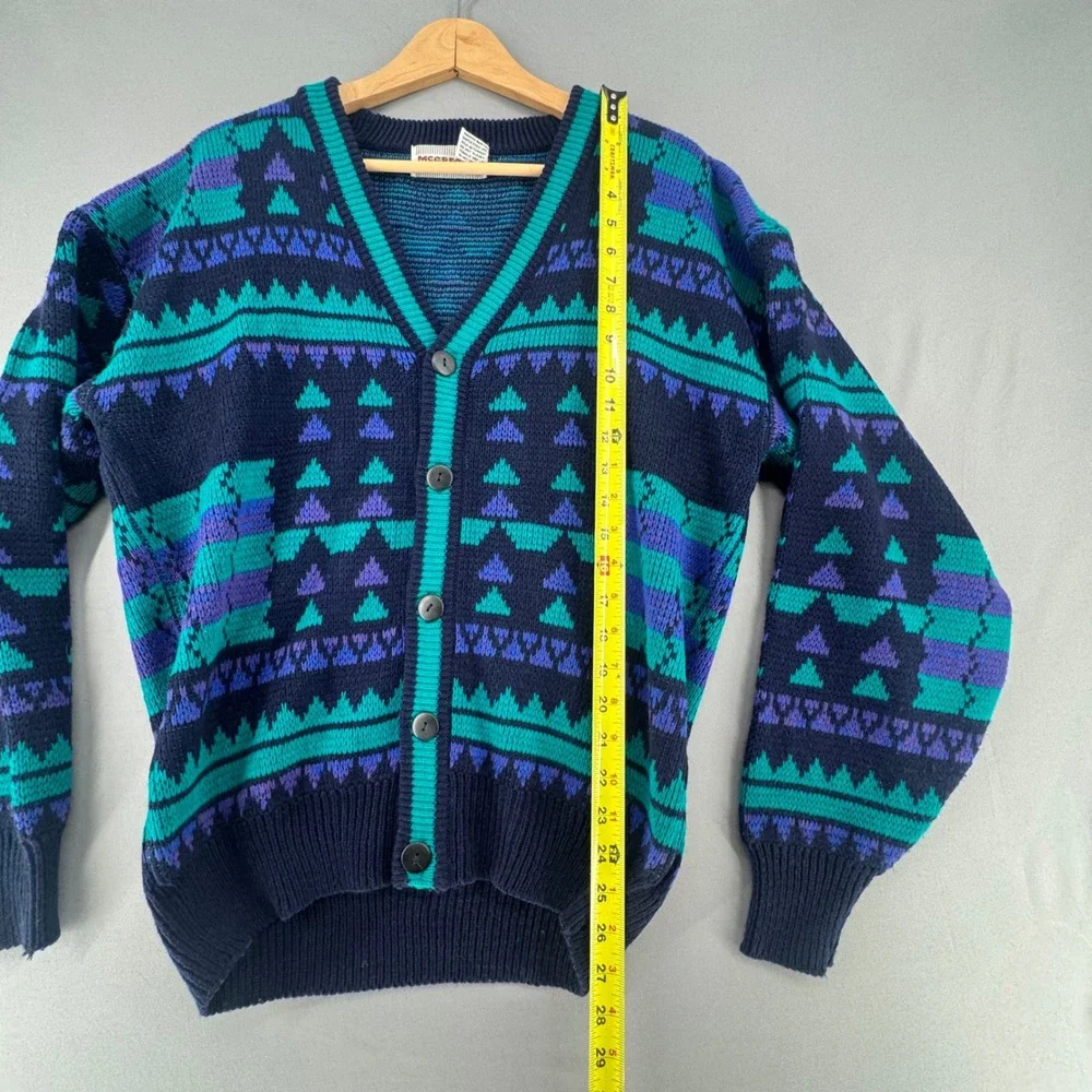 Vintage McGregor Mens Geometric Cardigan Sweater Teal Purple Navy Blue Medium